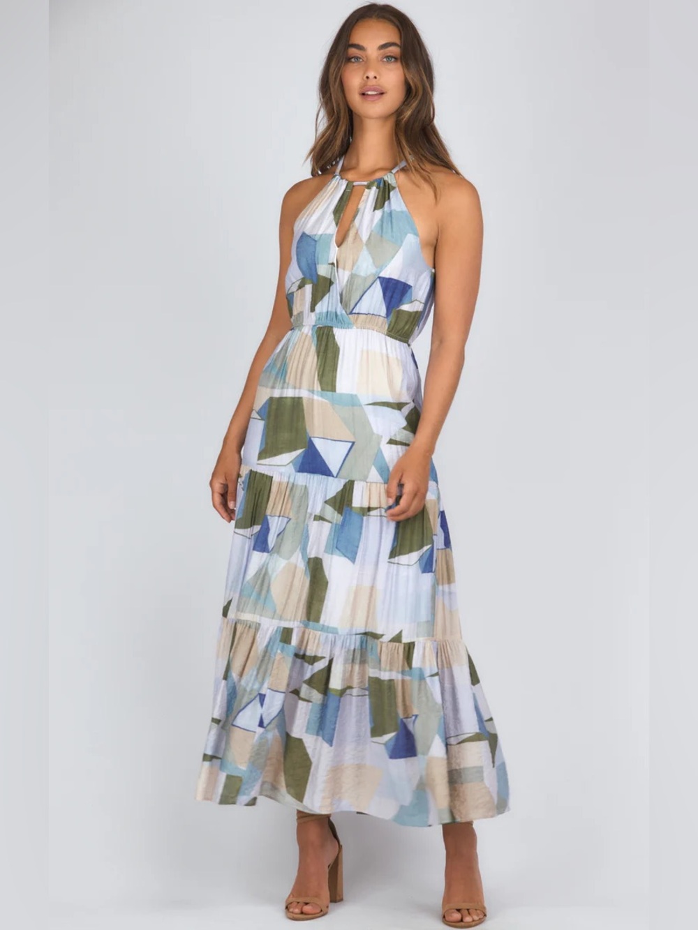 Petal & Pup Halter Tiered Maxi Dress in Blue, Olive, Tan